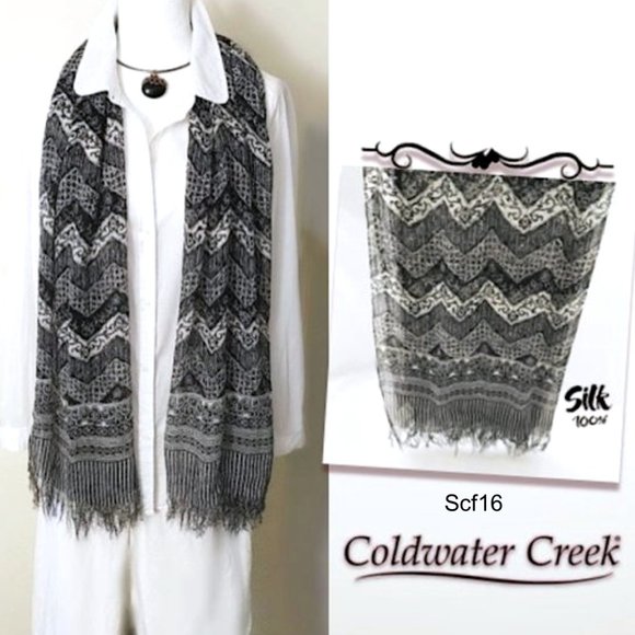 COLDWATER CREEK 100% Pure Silk Rect. Scarf Black White Grey Geo Floral Unisex - Picture 1 of 12